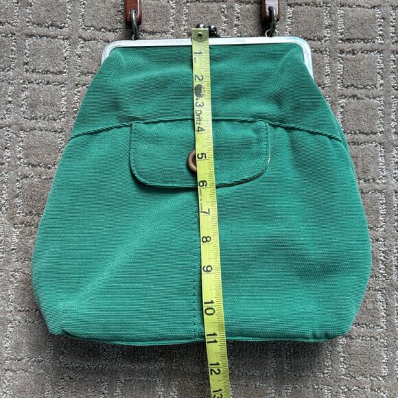 Fossil Fabric Top Clasp Purse Bag Green Pouch Wooden Handle VTG Boho Y2K - Picture 11 of 12
